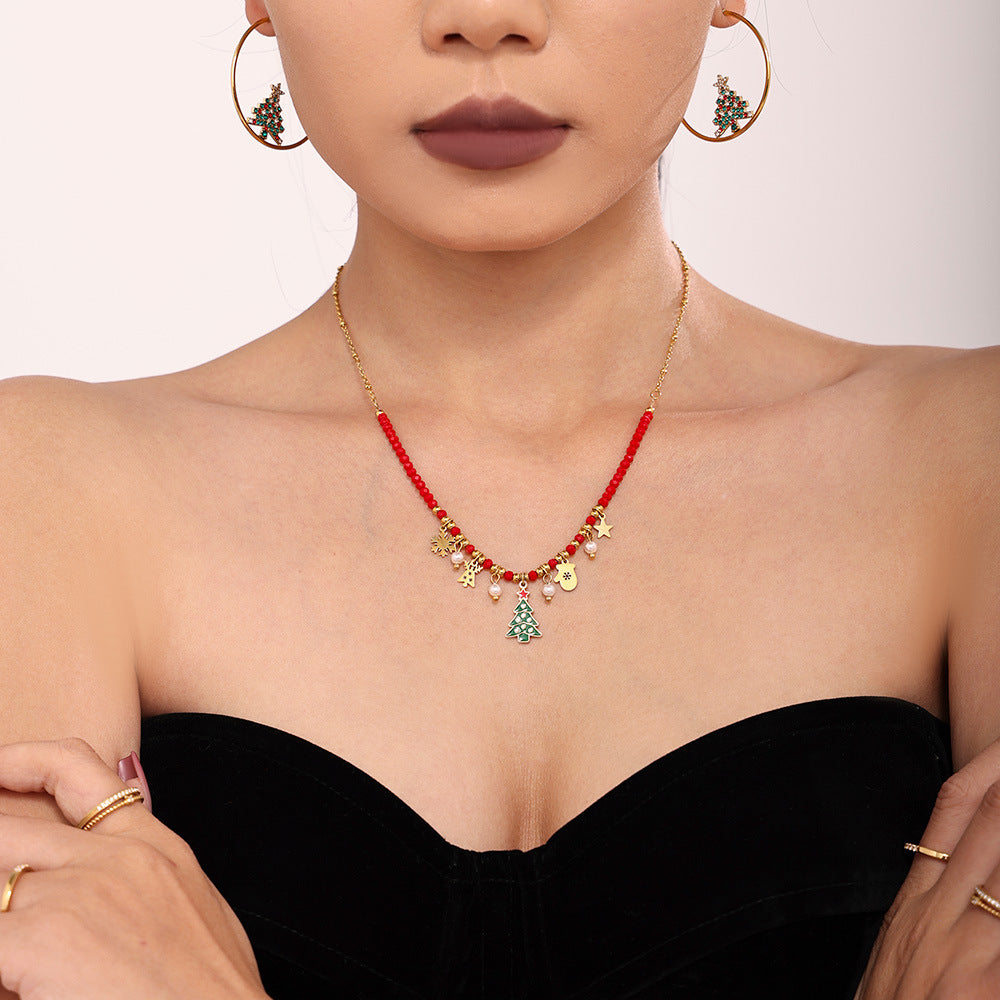 Wholesale Stainless steel 18K real gold plated Christmas enamel zircon necklace