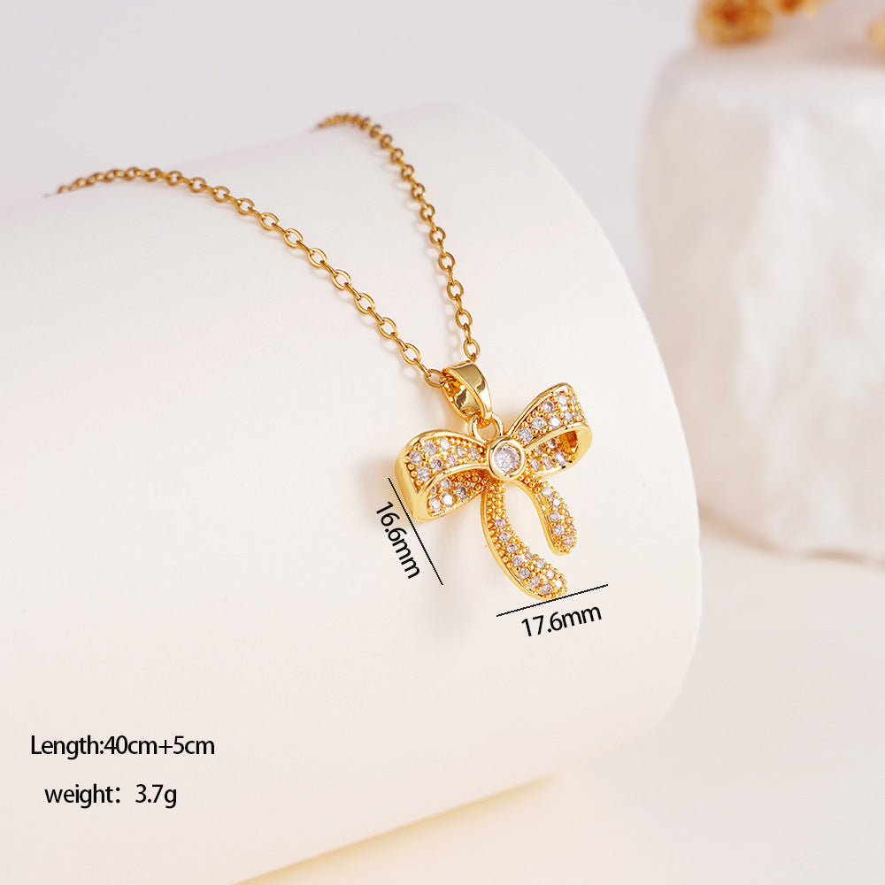 Wholesale Copper Inlaid Zircon Bow Pendant Luxury Versatile Stainless Steel Clavicle Necklace Jewelry
