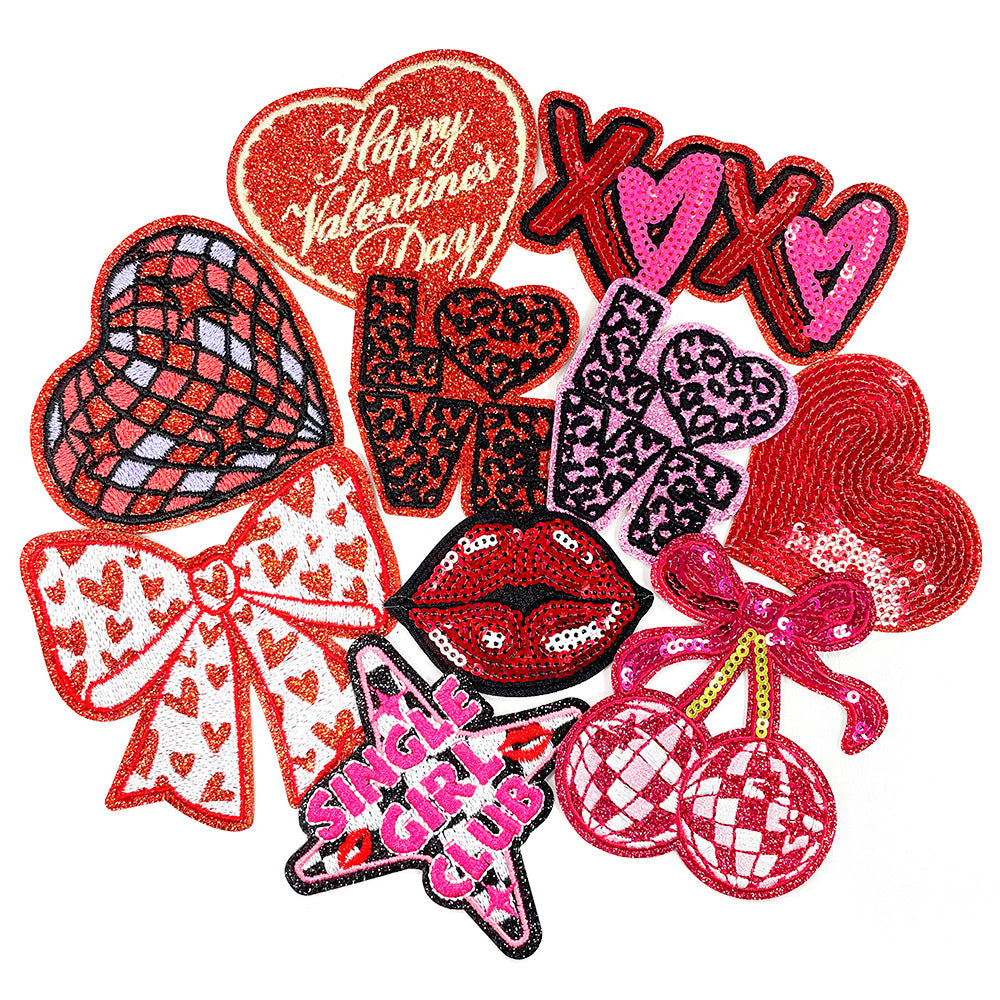 Wholesale Polyester Embroidered Iron On Patch Valentine Hearts Cherries Bow XOXO Everyday Use For Coats Bags