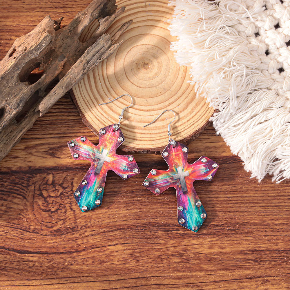 Wholesale Western-style colorful rhinestone cross earrings
