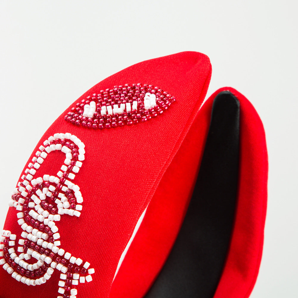 Wholesale Wide Edge Hand-stitched Rice Beads Rugby Letters Headband