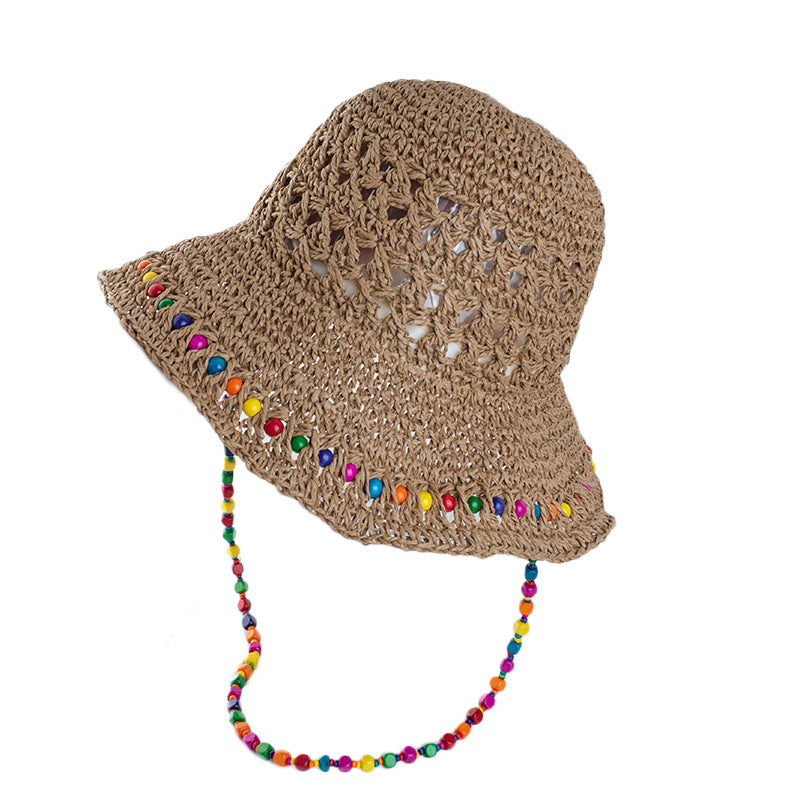 Wholesale Colorful wooden bead straw foldable beach sun protection bucket hat
