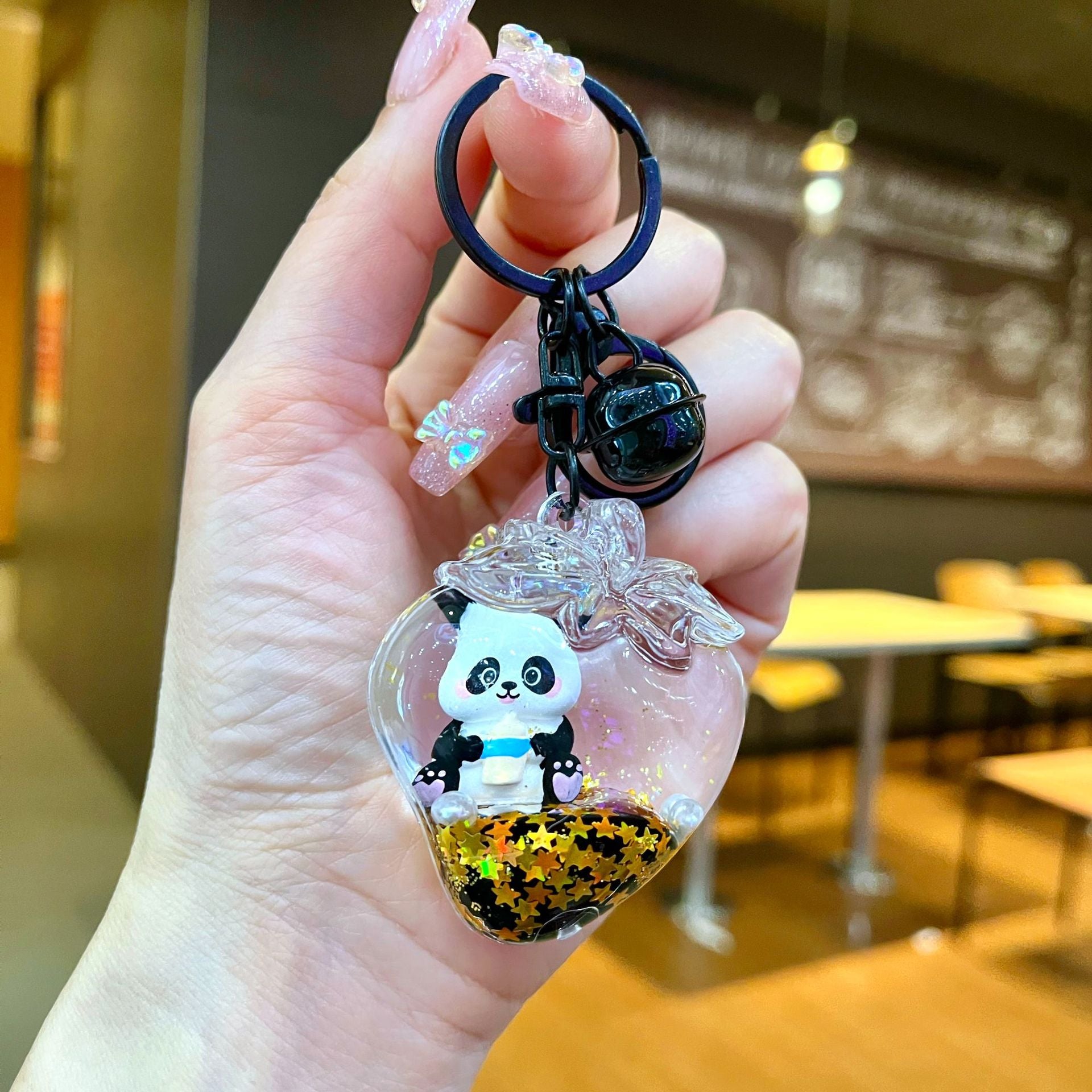 Wholesale Black gold floating cartoon cute panda Liquid Keychains