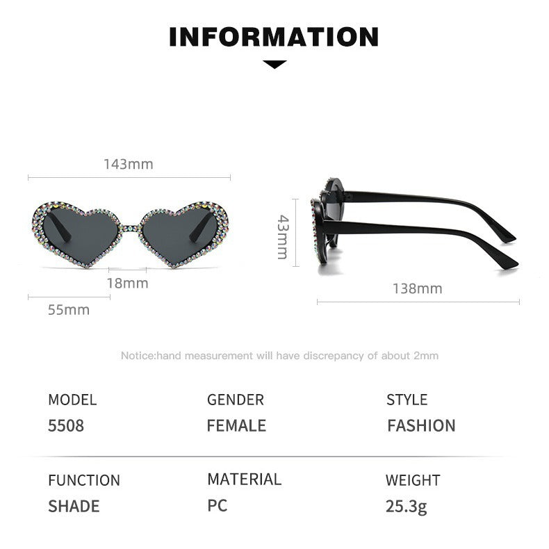 Wholesale Heart Diamond Cat's Eye Peach Heart Women's UV Protection Handmade Diamond Sunglasses