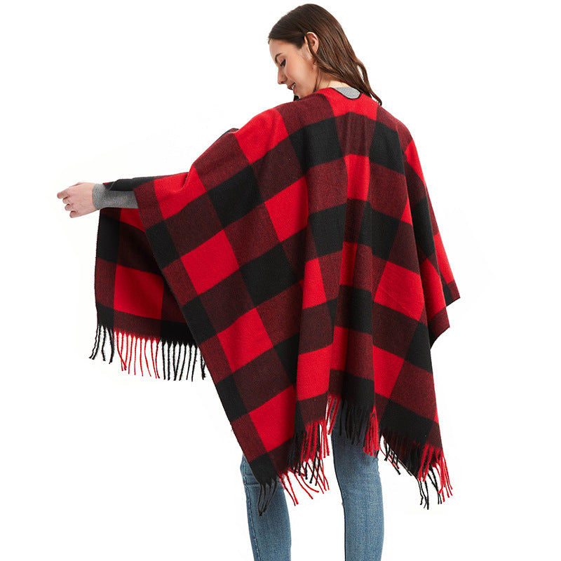 Wholesale Autumn and Winter Slit Cape Thickened Plaid Thorn Fringed Shawl