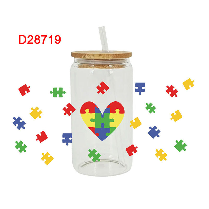Wholesale Colorful Cartoon Puzzle 16oz Cup UV DTF Wraps