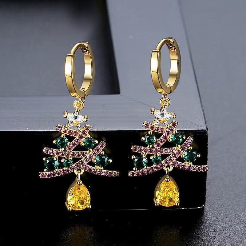 Wholesale Christmas tree zircon inlaid earrings sparkling colorful Christmas earrings