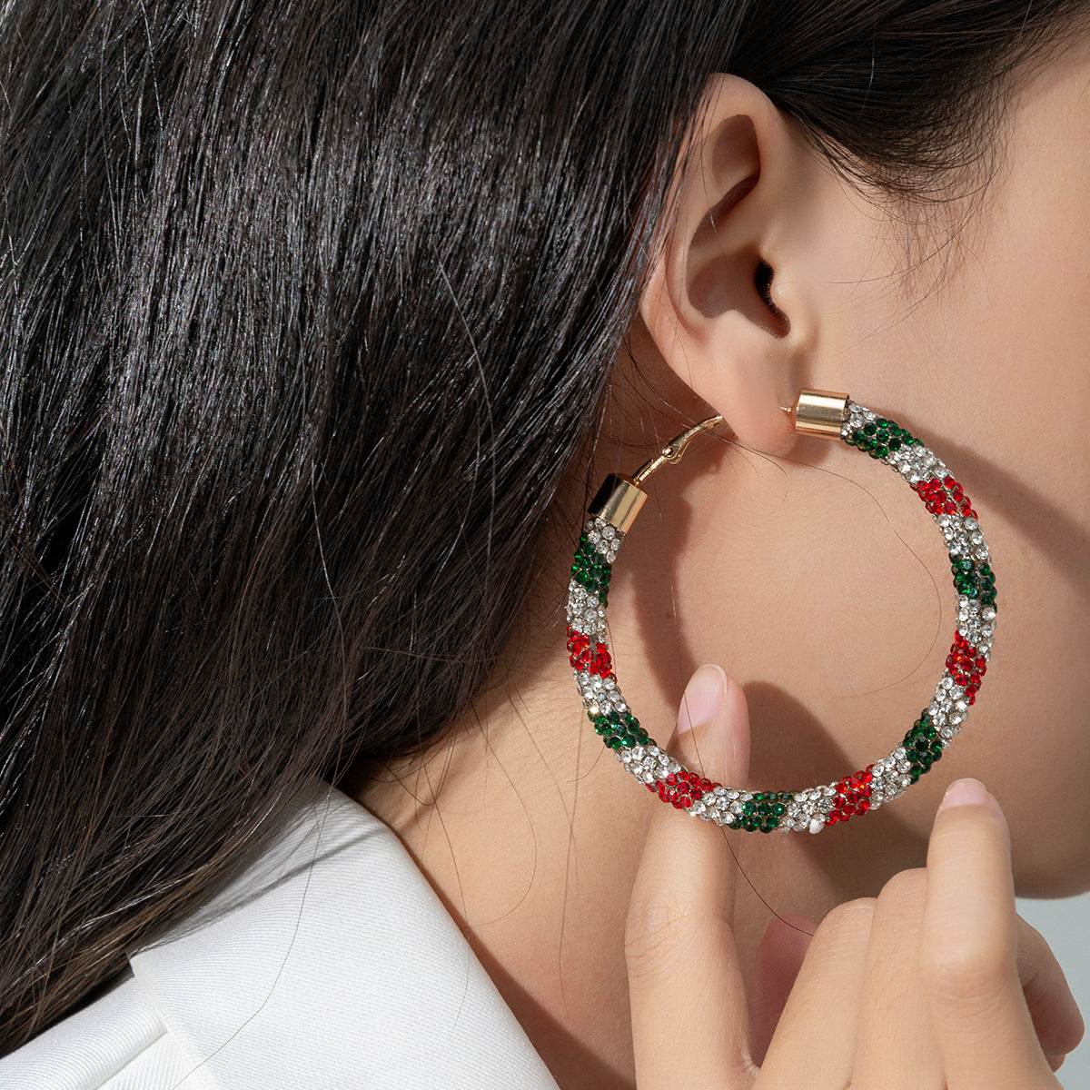 Wholesale Christmas Independence Day Gradient Color Broken Diamond Big Circle Earrings