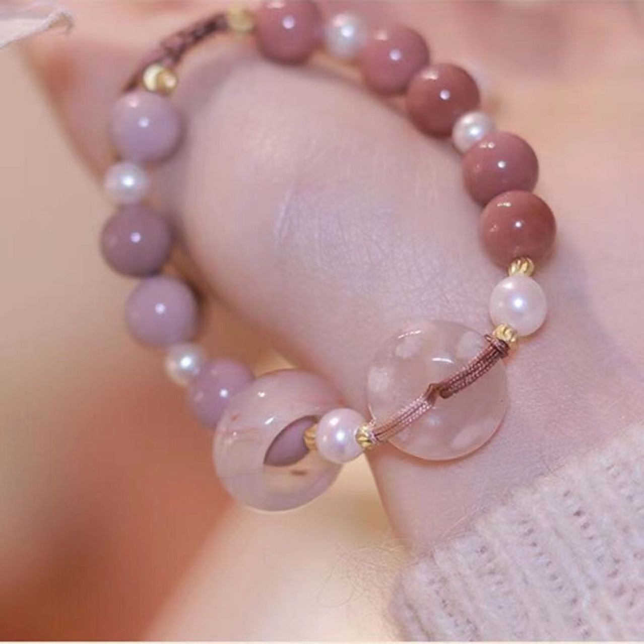 Wholesale Agate Separator Bead Pearl Drawstring Pink Bracelet