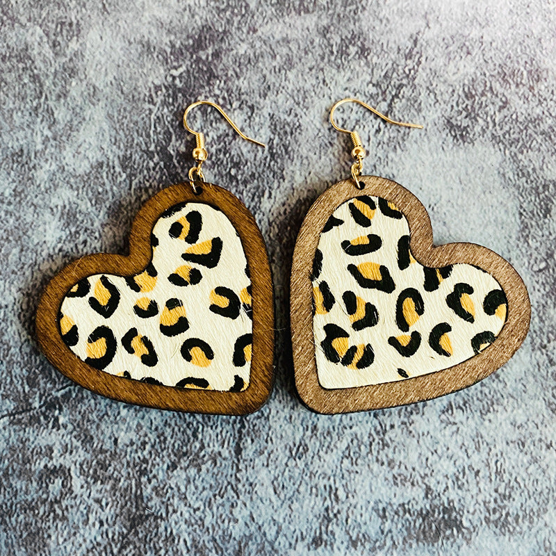 Wholesale Valentine's Day Genuine Leather Heart Leopard Print Horsehair Inlaid with Wooden Classic Retro Earrings