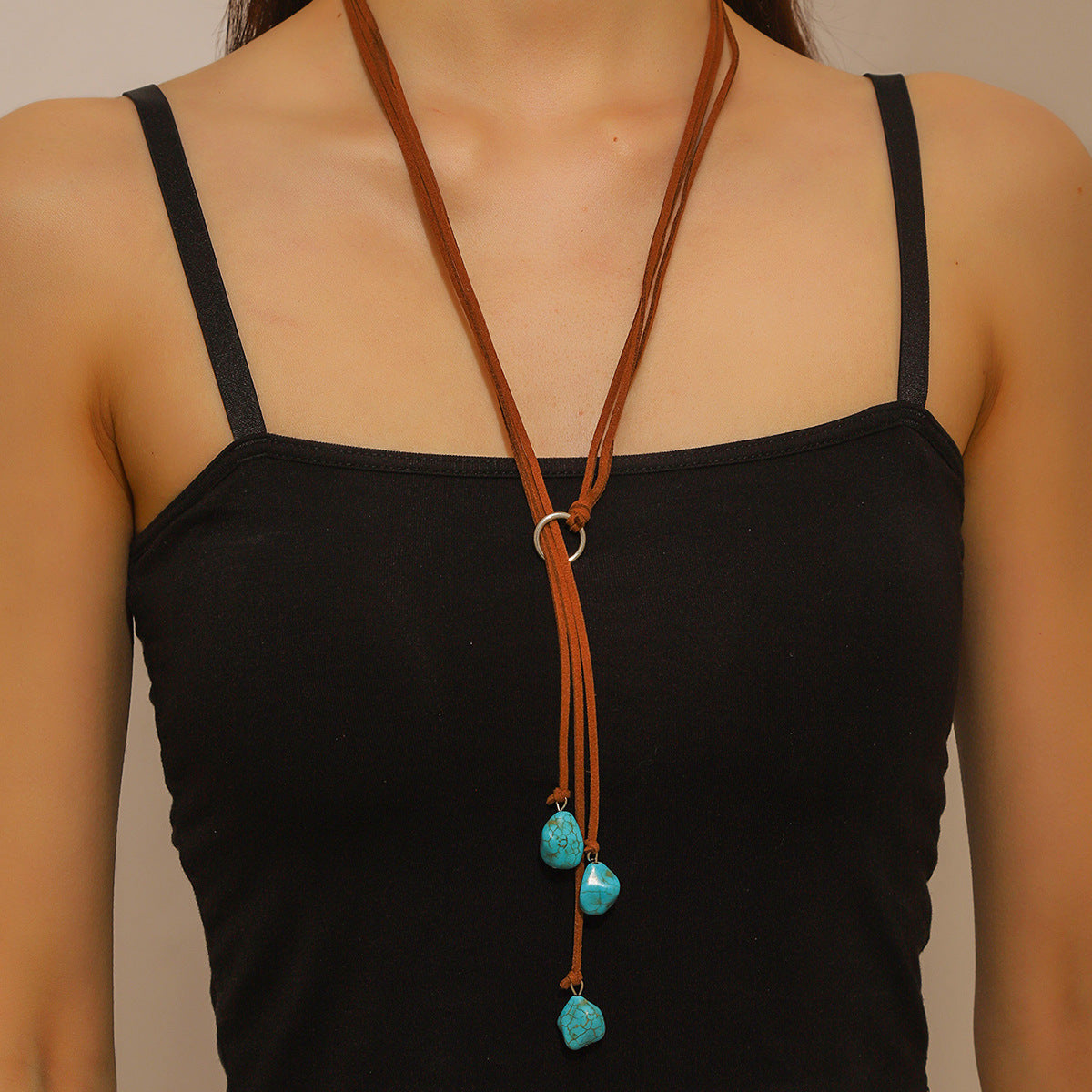 Wholesale Hot Selling Accessories Bohemian Turquoise Brown Leather Long Vintage Necklace