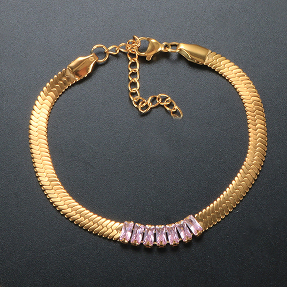 Wholesale 18K Gold Plated Zircon Stainless Steel Snake Bone Chain Necklace Bracelet Jewelry Set