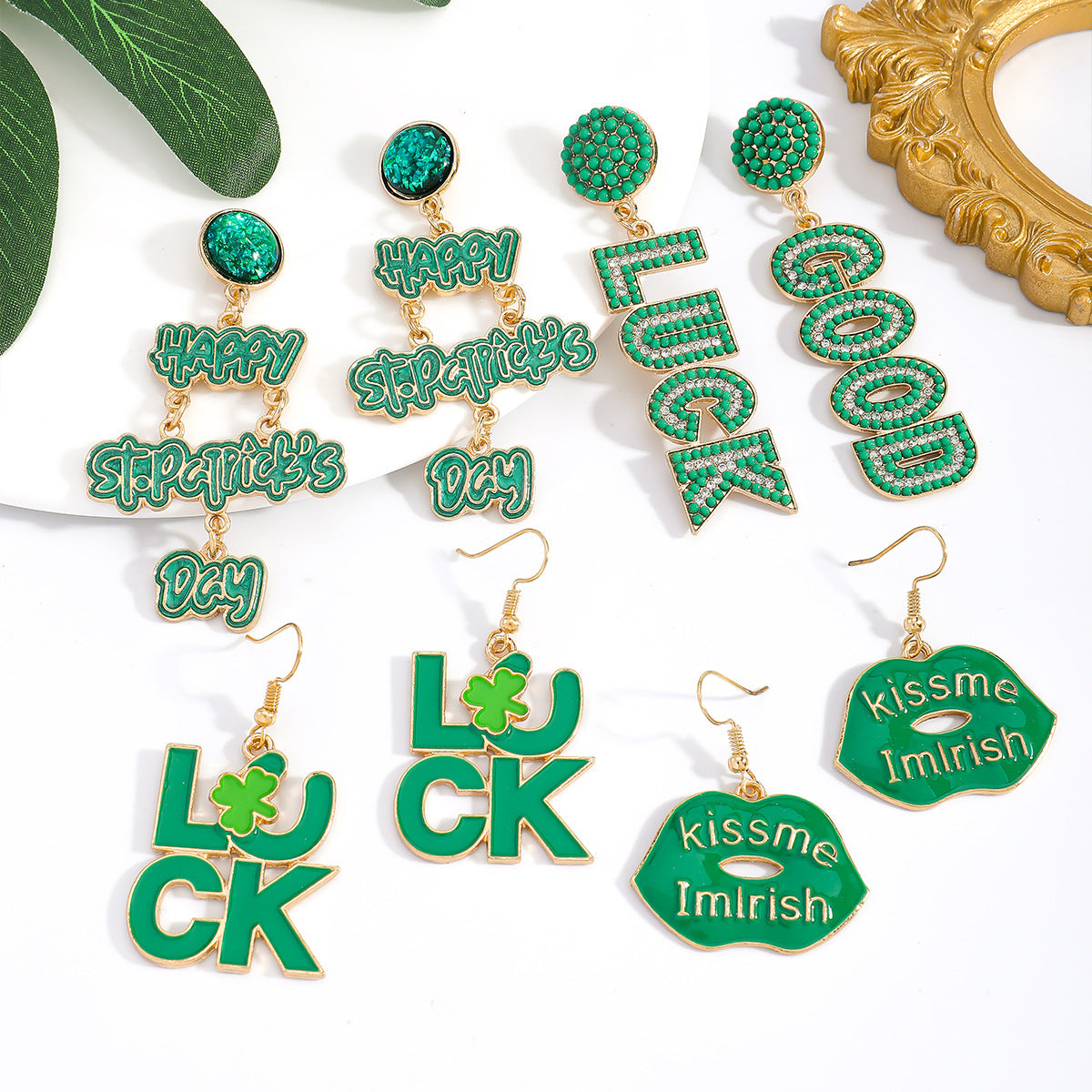 Wholesale St.  Patrick' s Day Green Letter  Blingbling Earrings
