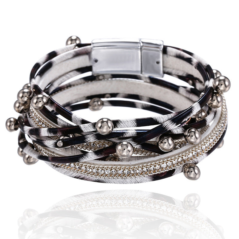Wholesale  Two-Ring Beaded Leather Bracelet Multi-Layer Leather Bracelet Women' s