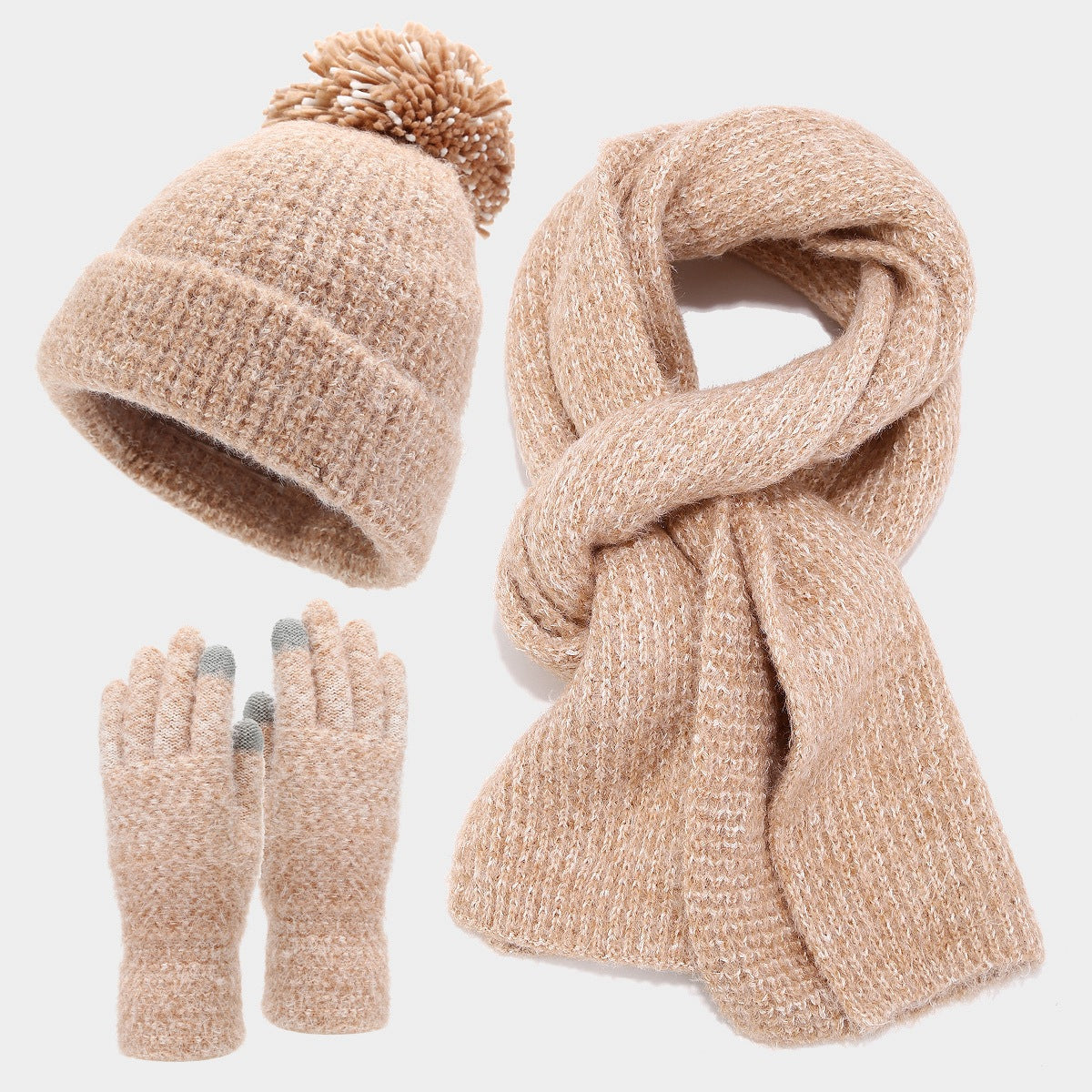 Wholesale Coarse Grain Big Fur Ball Hat Set Autumn and Winter Thick Warm Simple Cold-proof Three-piece Set