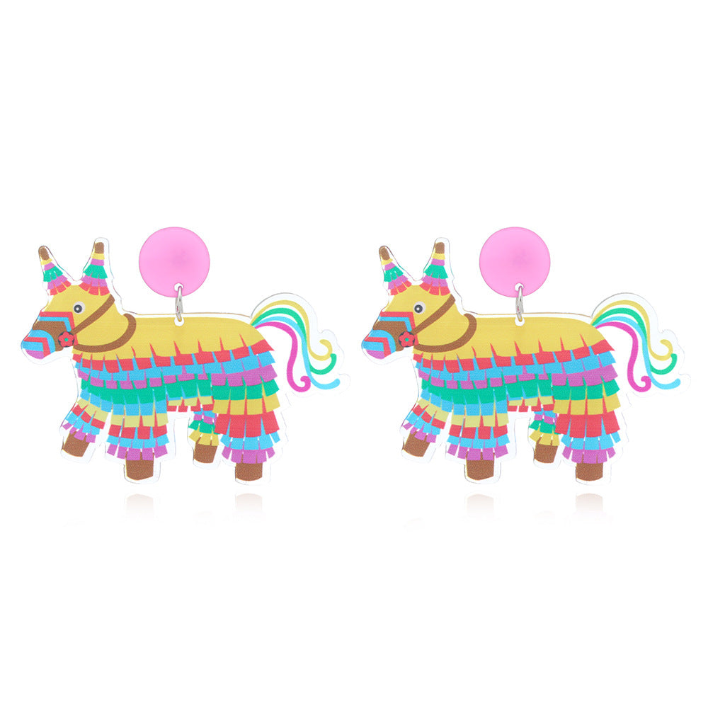 Wholesale Carnival tassel hat rainbow horse oil painting music festival printed earrings acrylic personalized earrings