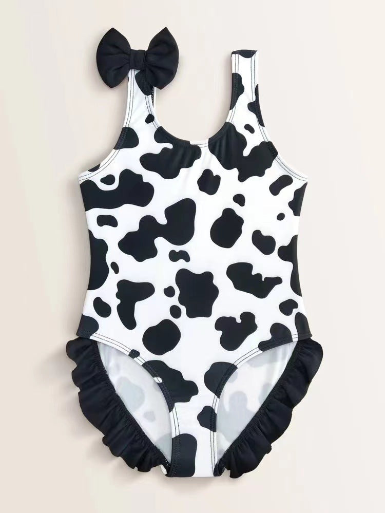 Wholesale Baby Girls Ruffles Dairy Cow Black and White Printed Bow One Piece Swimwear