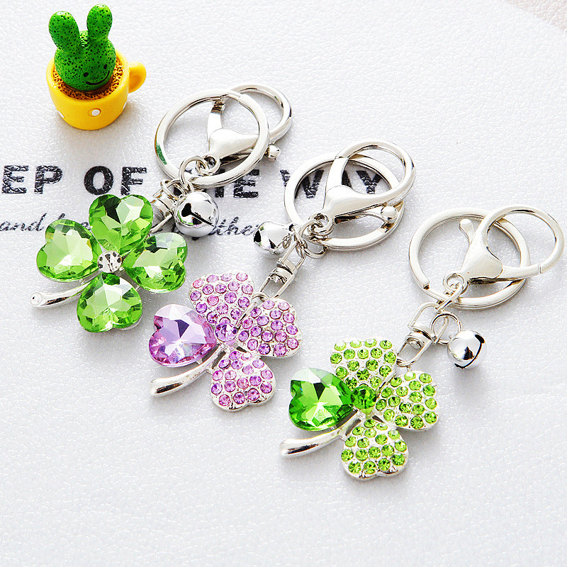 Wholesale Metal Crystal Four Leaf Clover Keychain Rhinestone Bag Charm Car Key Ring Fashion Accessory