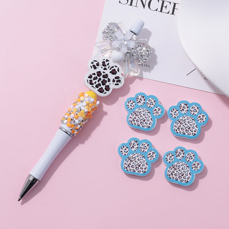 Wholesale 10pcs beaded pen with UV embossed leopard print cat paw loose beads