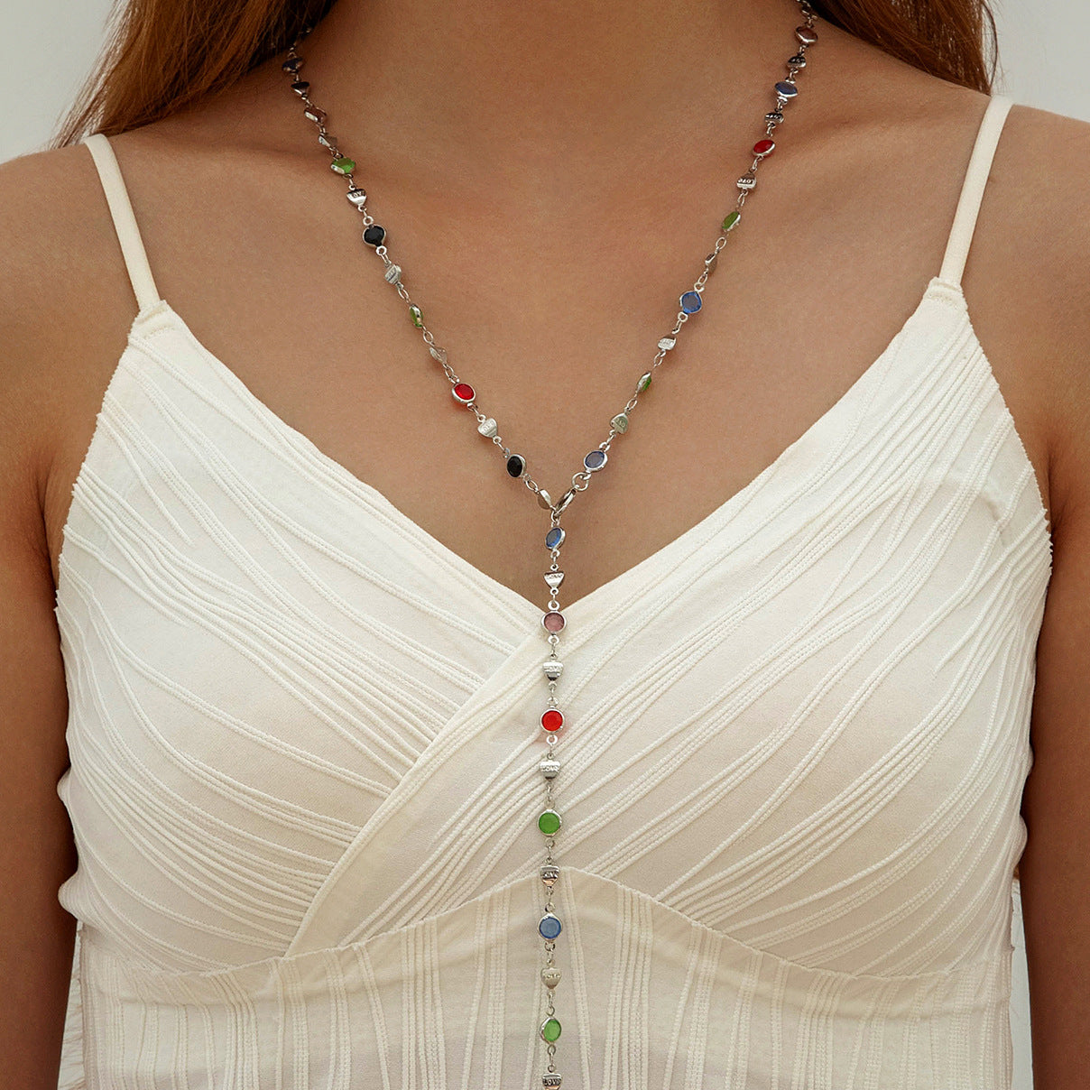 Wholesale Colorful crystal metal clavicle necklace with Y-shaped chain layering