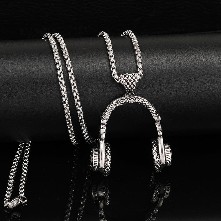 Wholesale music earphone pendant necklace jewelry hip hop titanium steel long