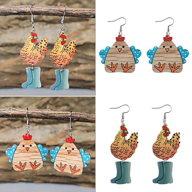 Wholesale Farm pastoral style cute hen and chick wooden double-sided Earrings