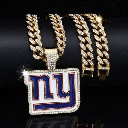 Wholesale Football Team Hip Hop Style Full Rhinestone Cuban Chain Necklace Gold Plated Alloy Jewelry Accessory Boutique Resale Gift
