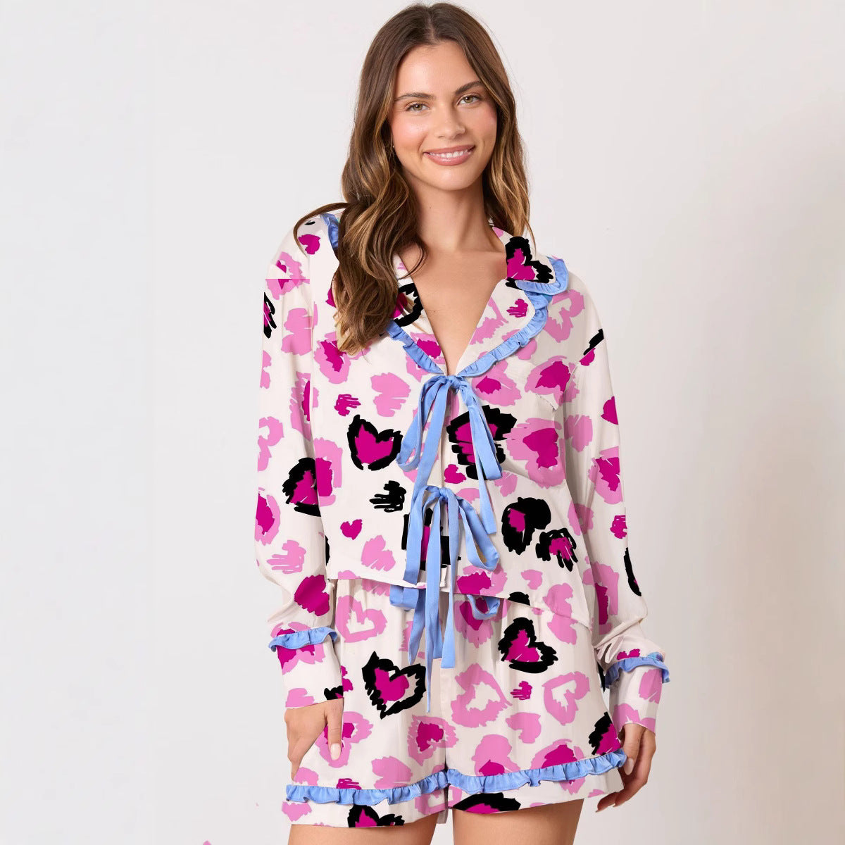 Wholesale Thin Print Valentine's Day Ruffle Long Sleeve Two-Piece Pajama Casual Set