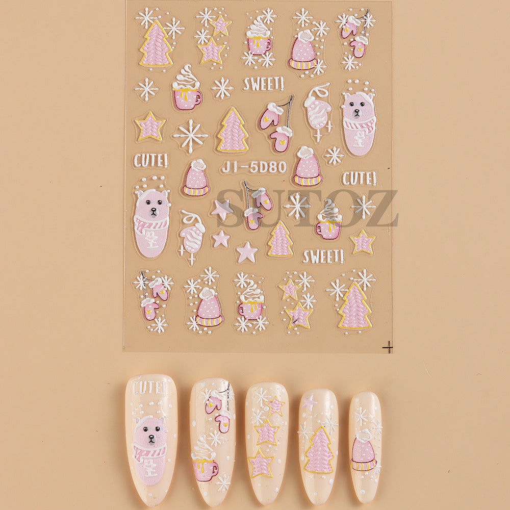 Wholesale 3pcs/pack 5D Christmas cartoon nail art embossed adhesive stickers