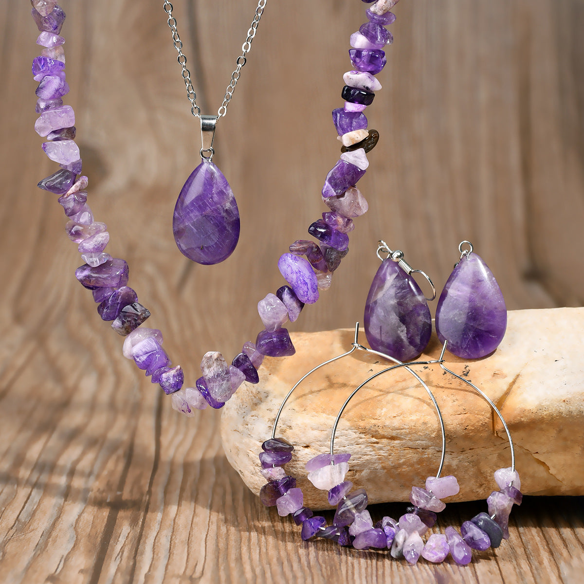 Wholesale Bohemian 4 Piece Set Water Drop Natural Stone Necklace Earrings Amethyst Tiger Eye Stone Gravel Jewelry suit