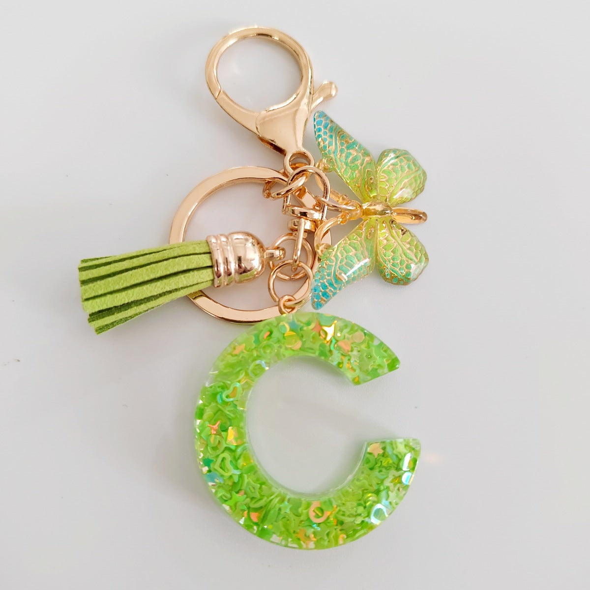 Wholesale 26 English Alphabet Keychain Pendant Green Star Glitter Resin Pendant  Key Chain