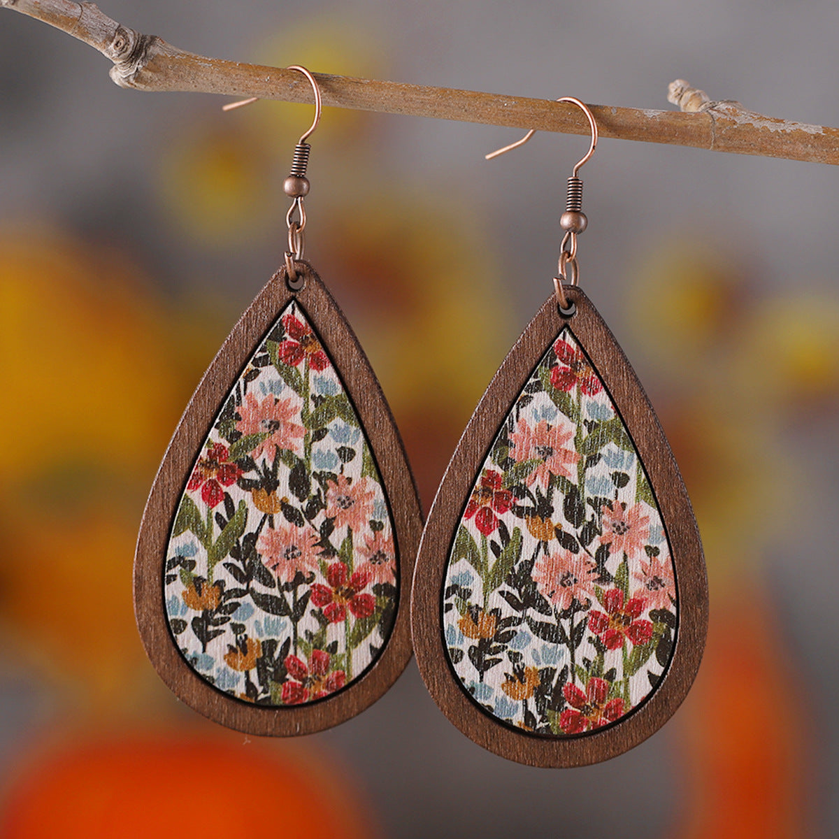 Wholesale Color Flower Arrow Painted Water Drop Pendant Wooden Bohemian Earrings