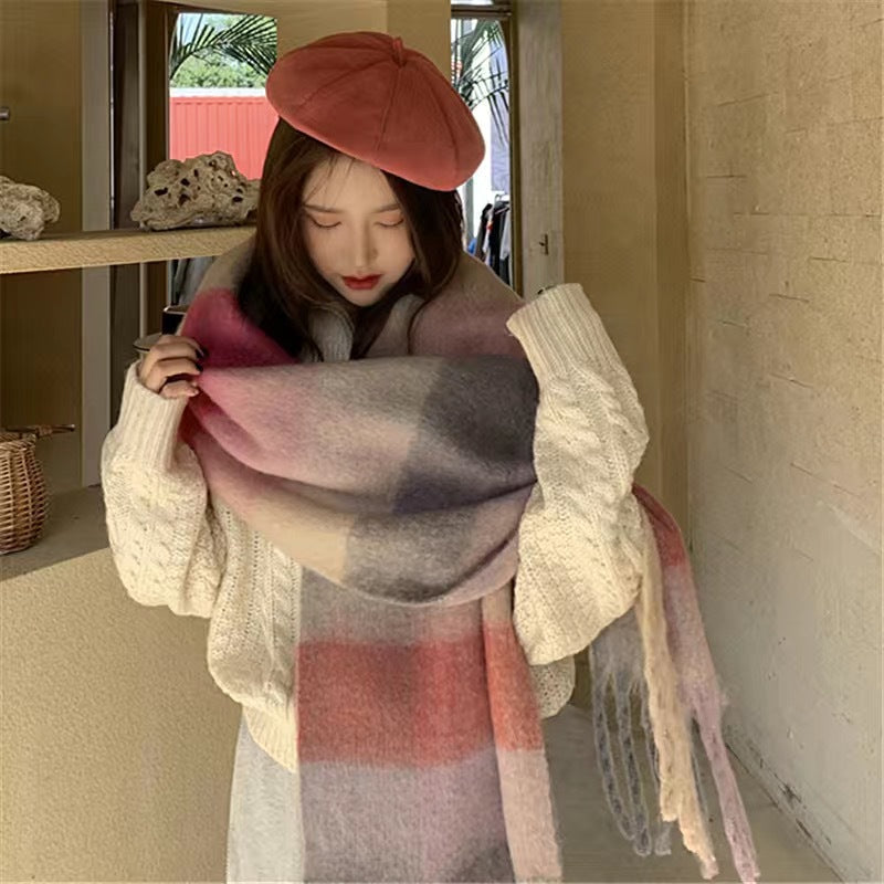 Wholesale Autumn and Winter Hoop Yarn Rainbow Plaid Warm Scarf