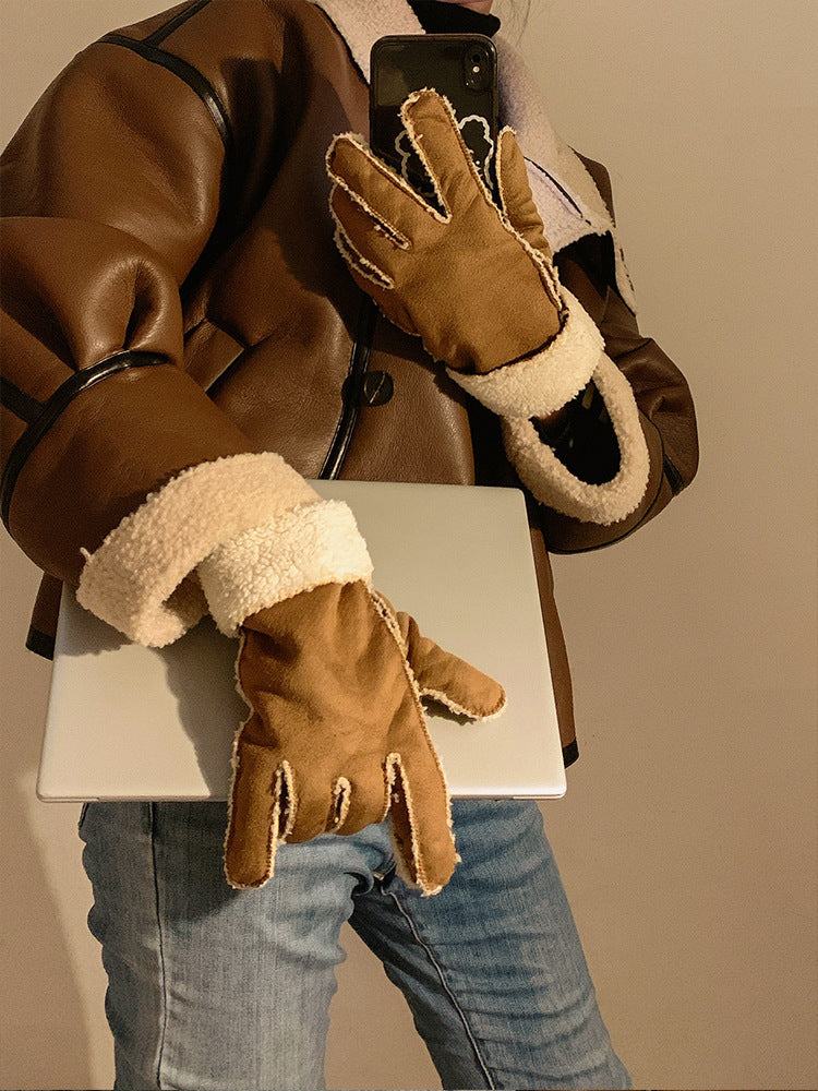 Wholesale 12PCS Autumn and Winter Plush Suede Five Finger Gloves
