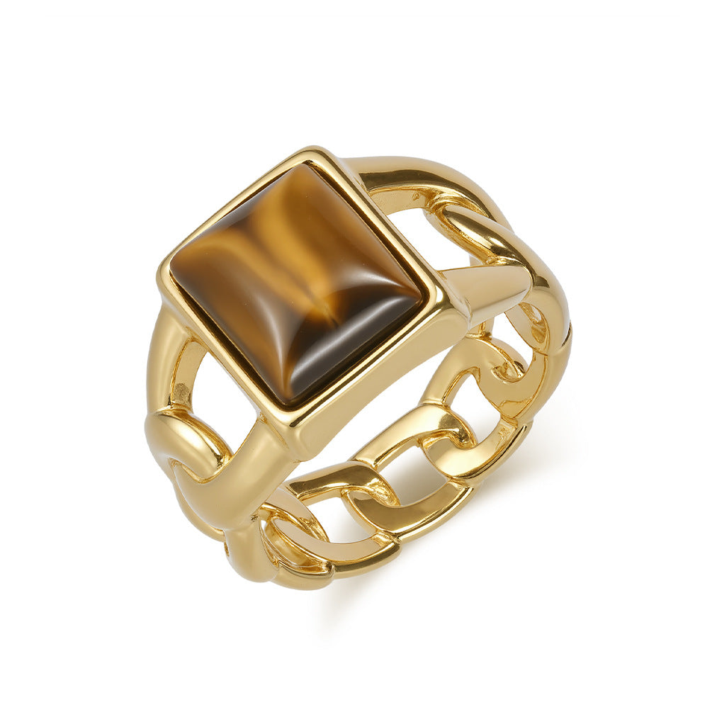 Wholesale Hip Hop Tiger Eye Gemstone Titanium Steel Ring