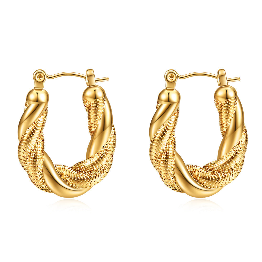 Wholesale Irregular Fried Dough Twists Snake Chain Double-layer 14K Gold Stainless Steel Earrings
