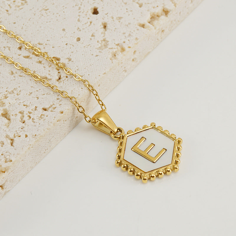 Wholesale Stainless Steel Plated Hexagonal Natural Shell Letter Pendant 18K Necklace