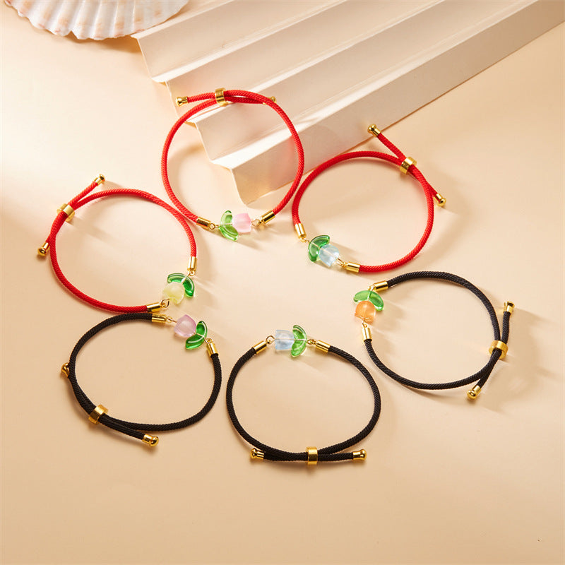 Wholesale Tulip bracelet black and red rope a pair of pull-out flower adjustable flower bracelet