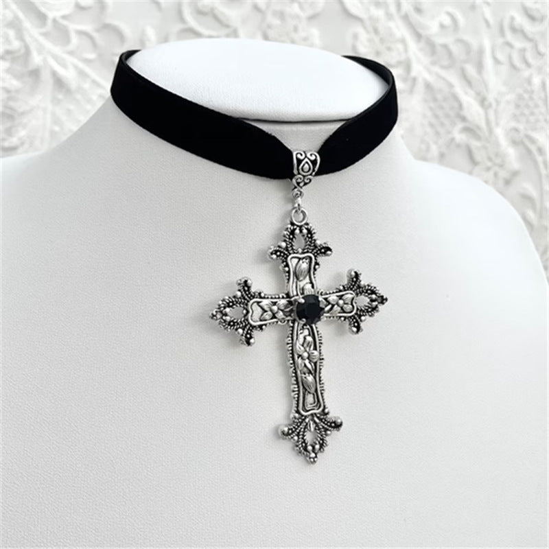 Wholesale Gothic Black Gemstone Cross Velvet Necklace