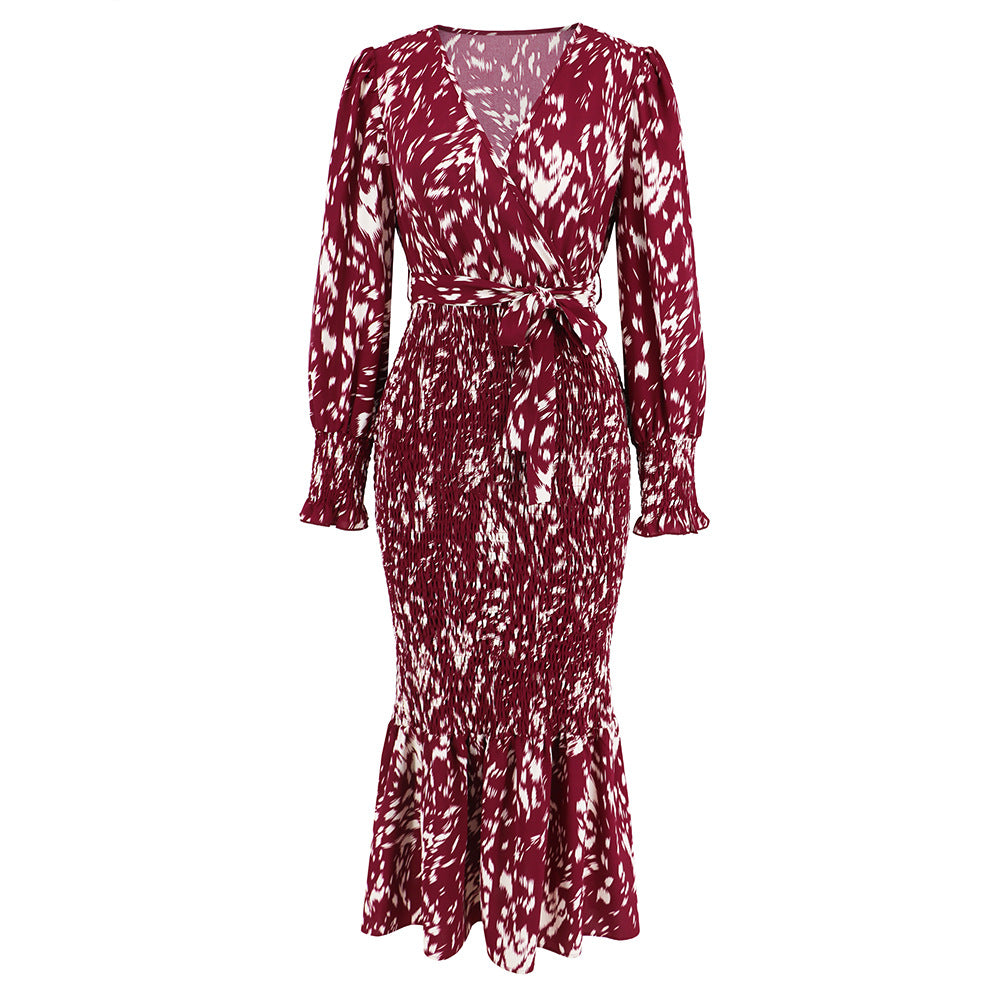 Wholesale V-neck Belt Printed Skirt Long Fishtail Dress