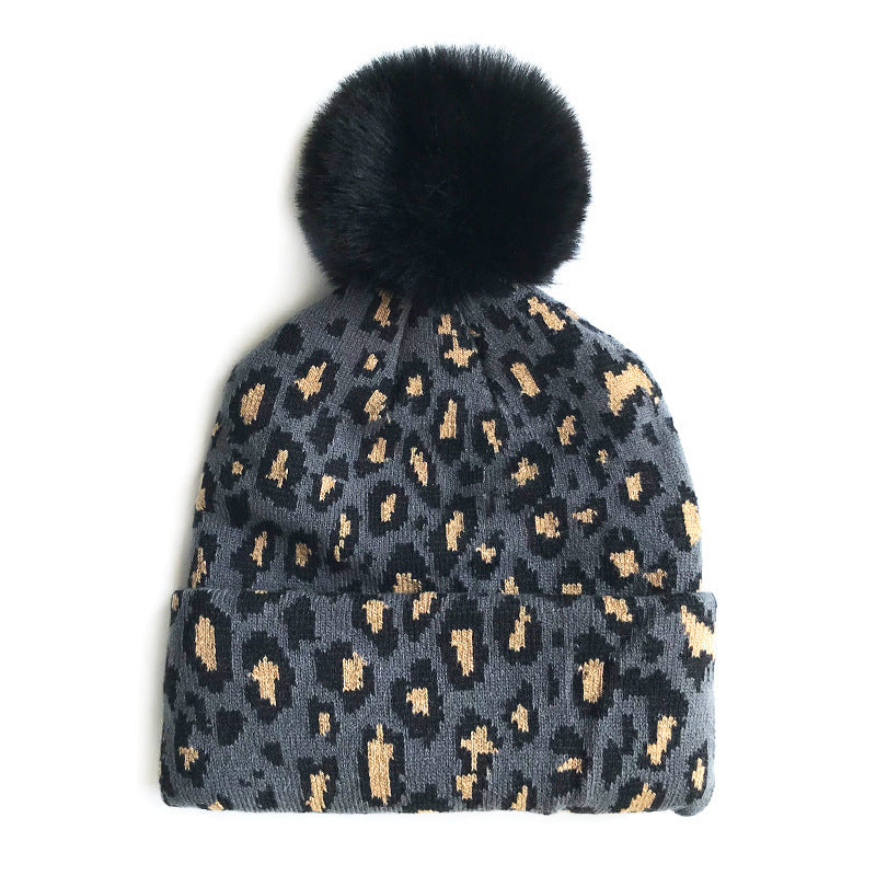 Wholesale Autumn and Winter Warm Double-layer Leopard Print Large Wool Ball Knitted Hats