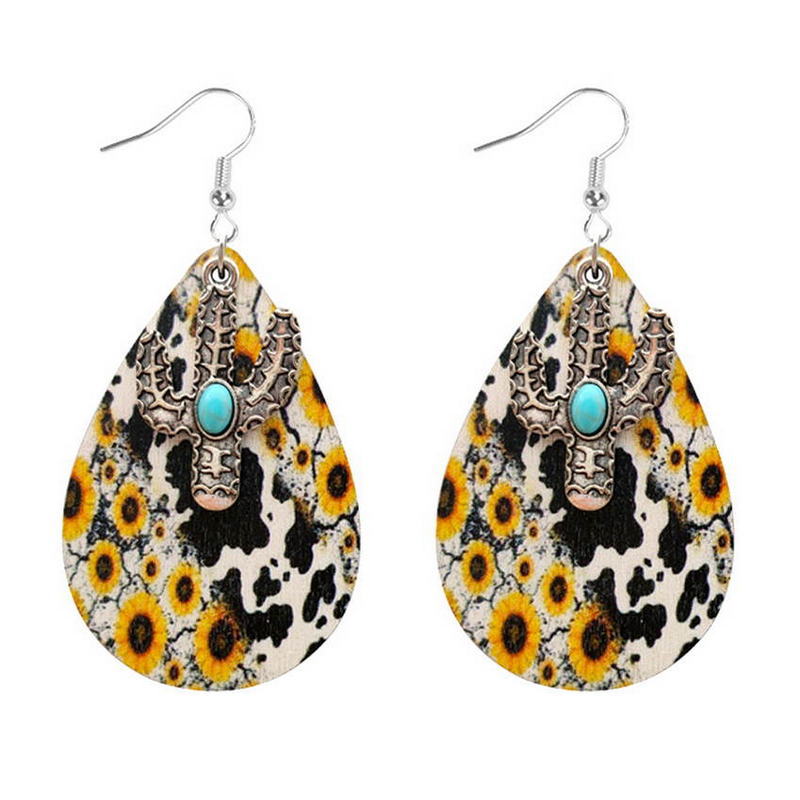 Wholesale Western Style Turquoise Leopard Print Sunflower Cow Print Leather Drop Earrings