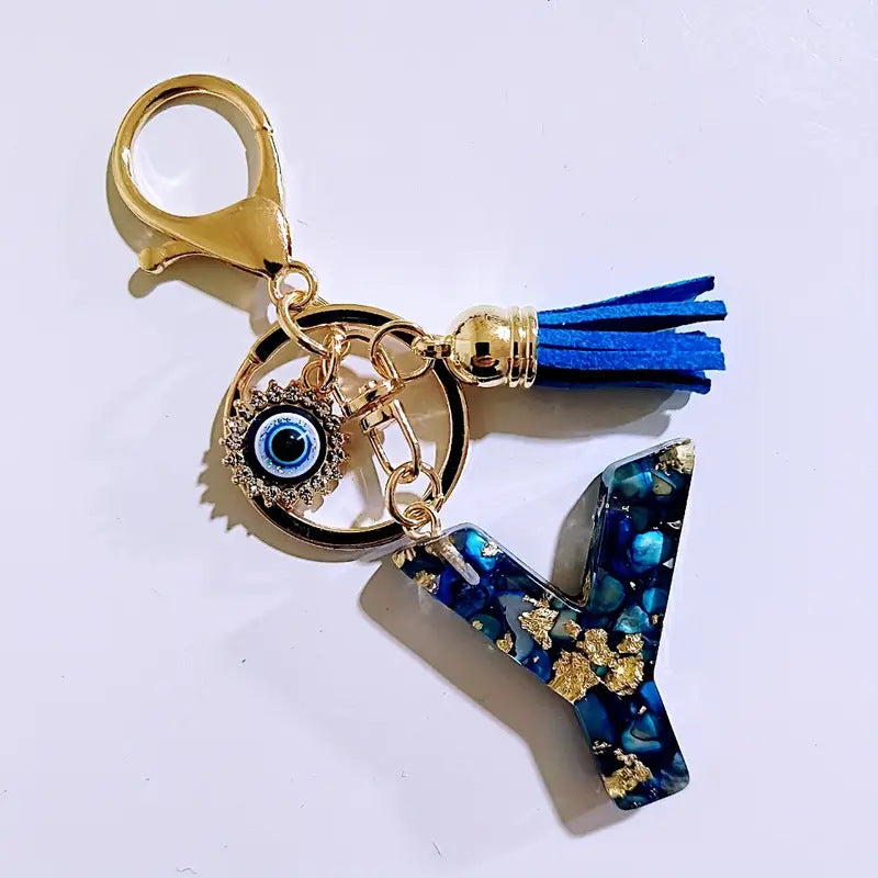 Wholesale Blue English letter Evil Eye tassel keychain