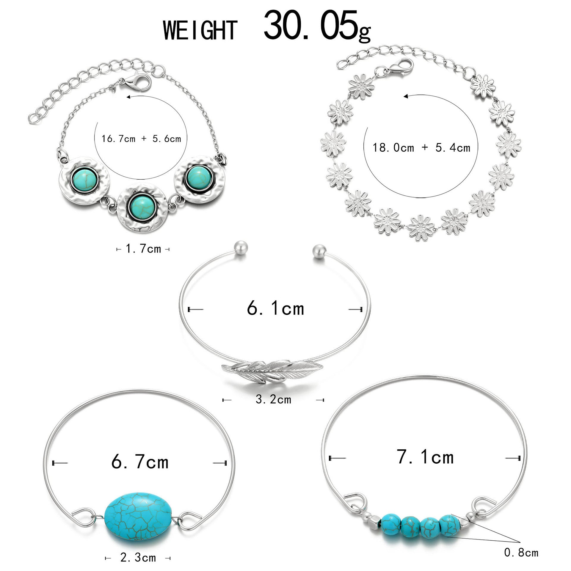 Wholesale Retro ethnic style turquoise feather flower 5-piece bracelet