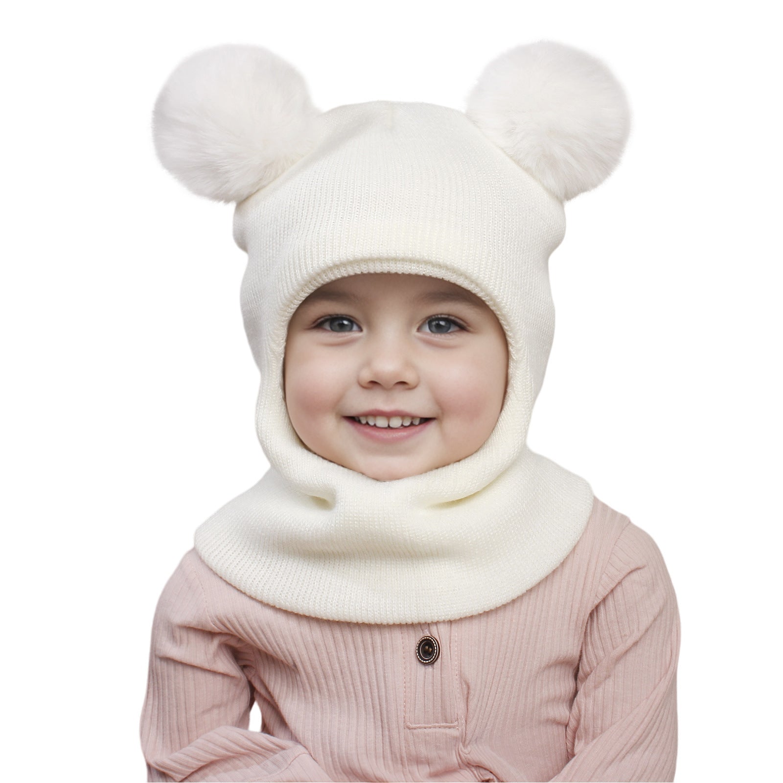 Wholesale Autumn and Winter Pullover Children's Double Ball Ear Protection One-piece Solid Color Cute Wool Knitted Hat