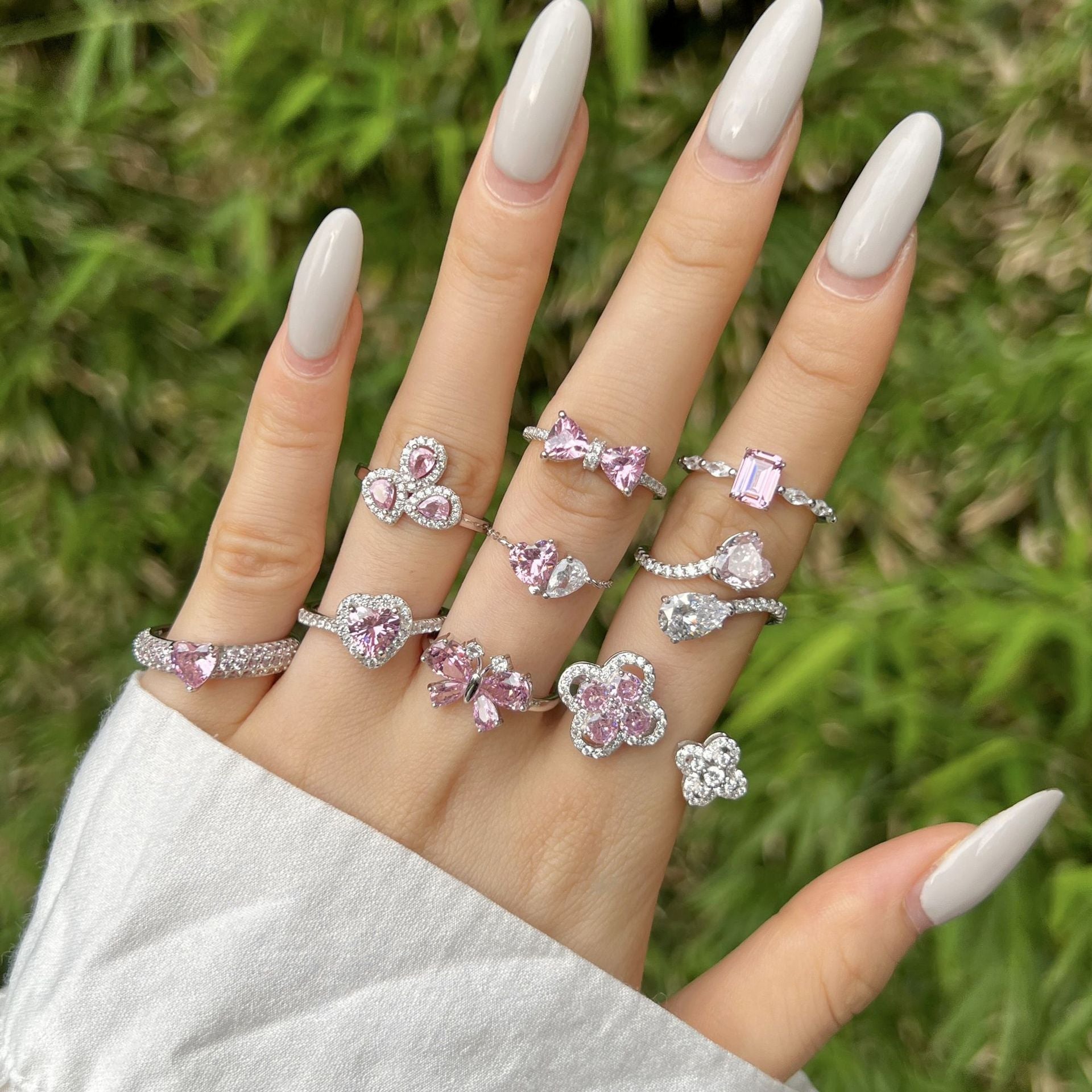 Wholesale Pink Series S925 Sterling Silver Love Butterfly Four-Leaf Clover Zircon Ring