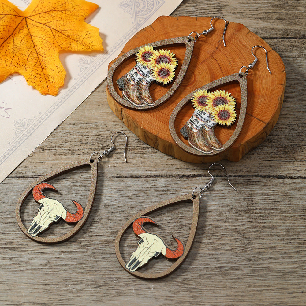Wholesale Western Style Sunflower Bull Head Wooden Earrings