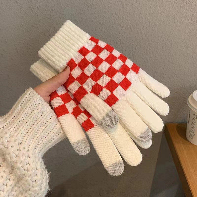 Wholesale Winter Acrylic Touch Screen Plus Velvet Thickened Checkerboard Plaid Cycling Gloves