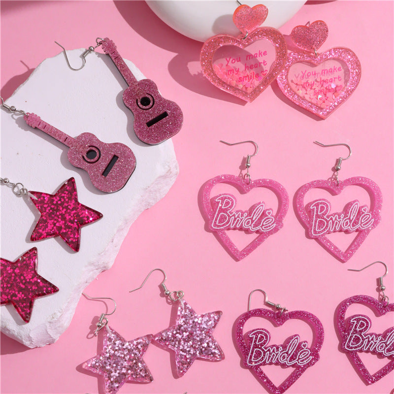 Wholesale Pink Valentine's Day Love Acrylic sequins Flowing Sand Peach Heart Sweetheart Spicy Girl Earrings