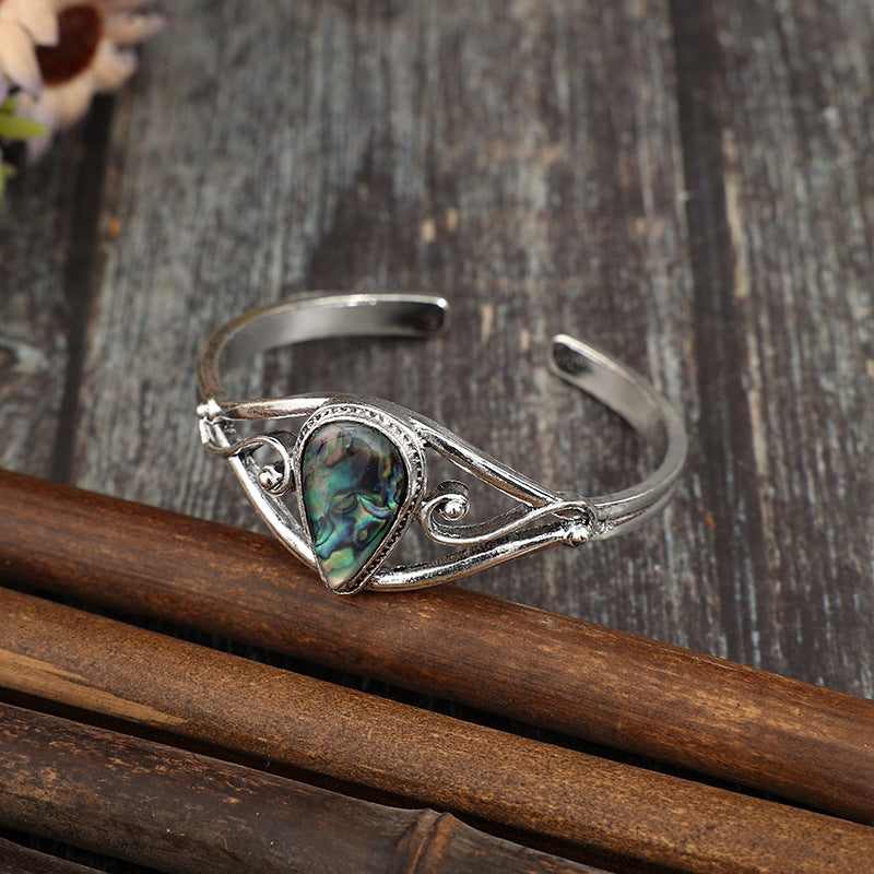 Wholesale Retro Western style abalone inlaid teardrop-shaped alloy open bracelet